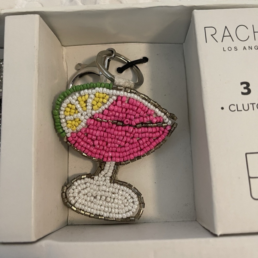 Rachel Zoe Clutch Purse W/Strap 3 PC Set Card Case & Charm Silver Martini Beaded - Picture 3 of 9